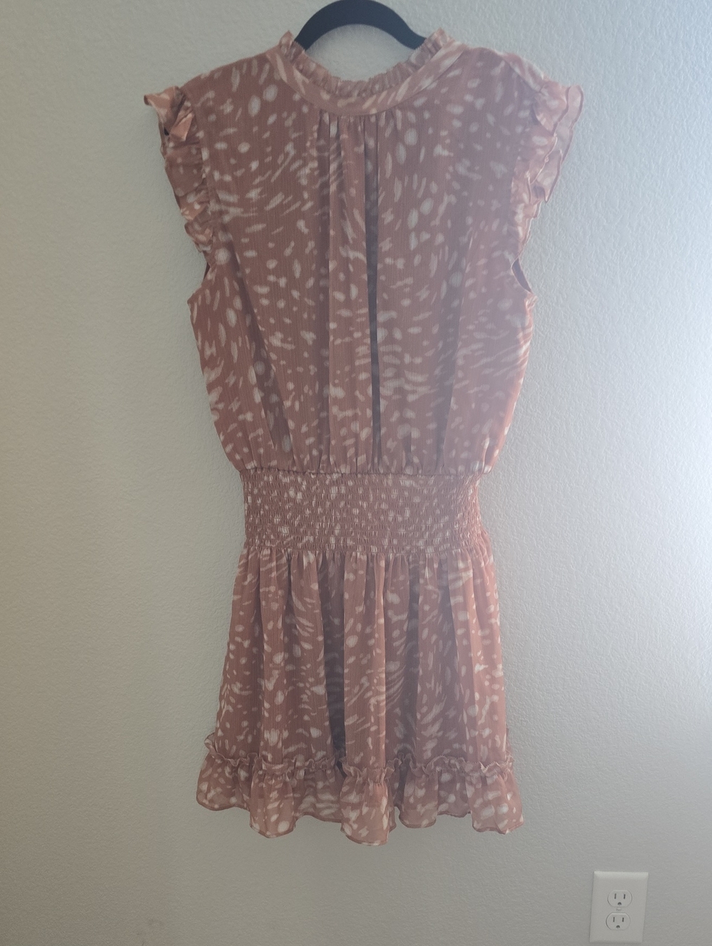 Burnt Orange and White Printed Ruffle Sleeve Smocked Waist Dress
